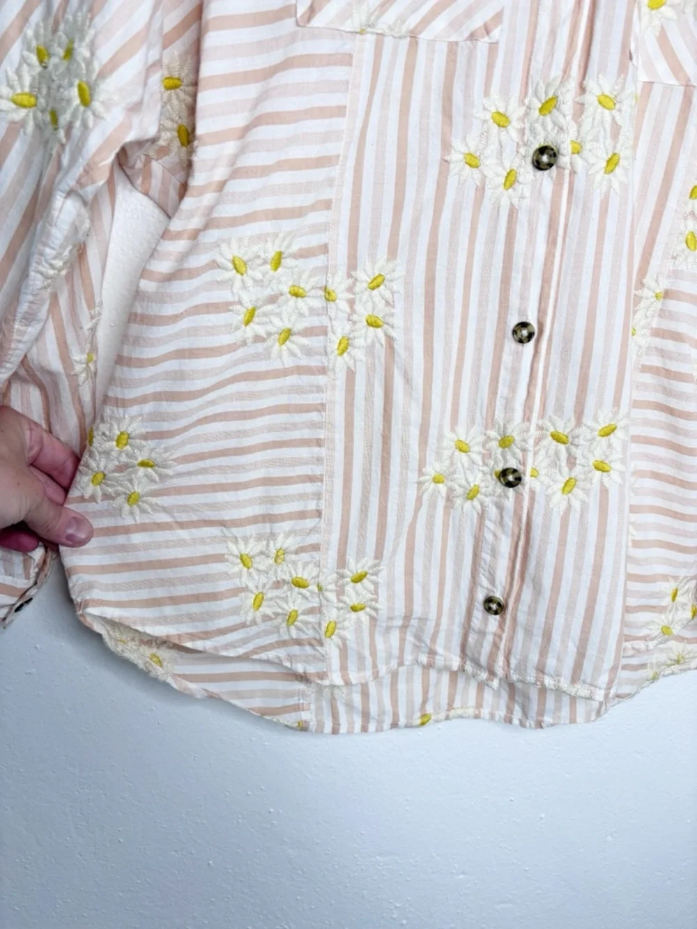BDG Pink Ivory Stripped Oversized Button Down With Embroidered Daisies Size XS - Picture 6 of 9